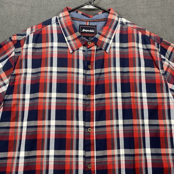 Aeropostale Mens Red & Navy Plaid Button-Up Short Sleeve Shirt XXL Cotton/Poly - Picture 9 of 11